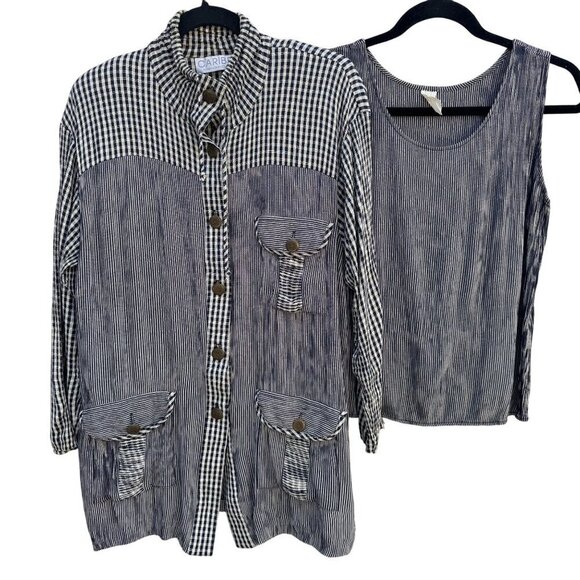 Caribe Vintage Womens Gingham Striped Sleeveless Top Button High Collar Jacket S - Picture 1 of 12